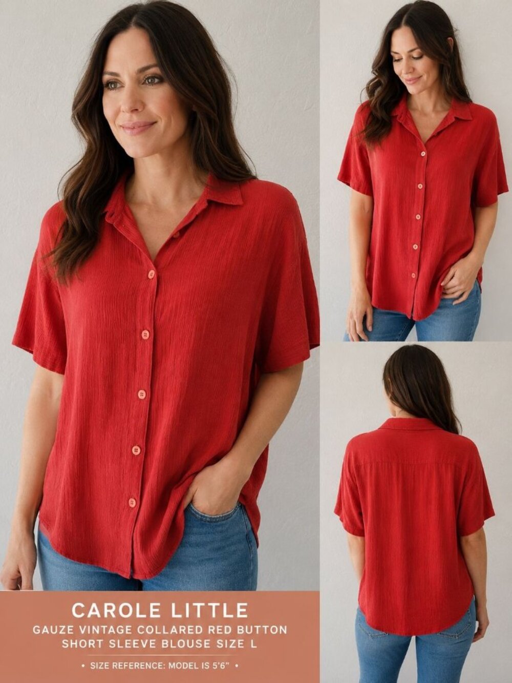 Carole Little Red Gauze Vintage Collared Button Short Sleeve Blouse